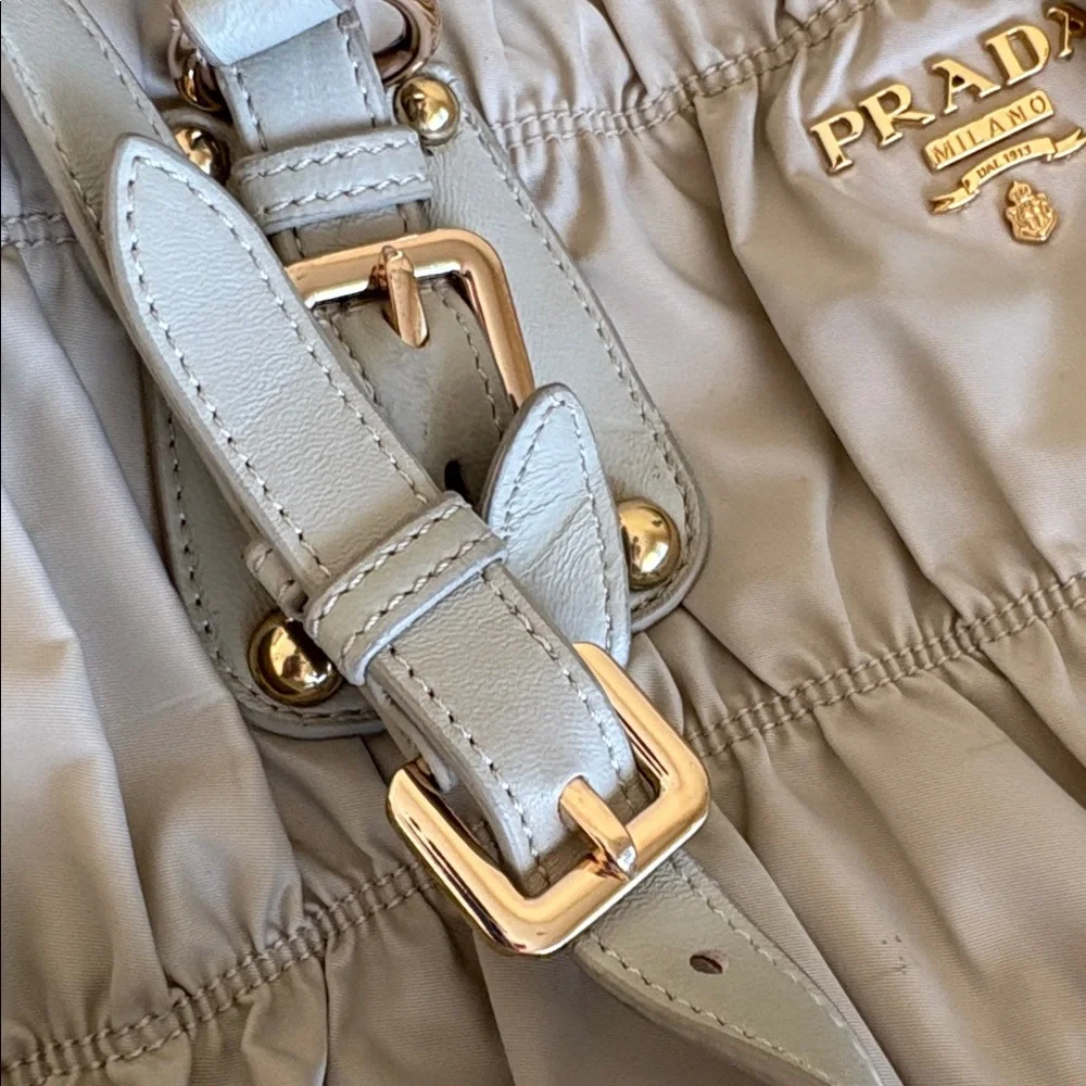 Prada Nylon Ruche Logo Plaque with Gold Hardware/ Beige - Picture 9 of 10